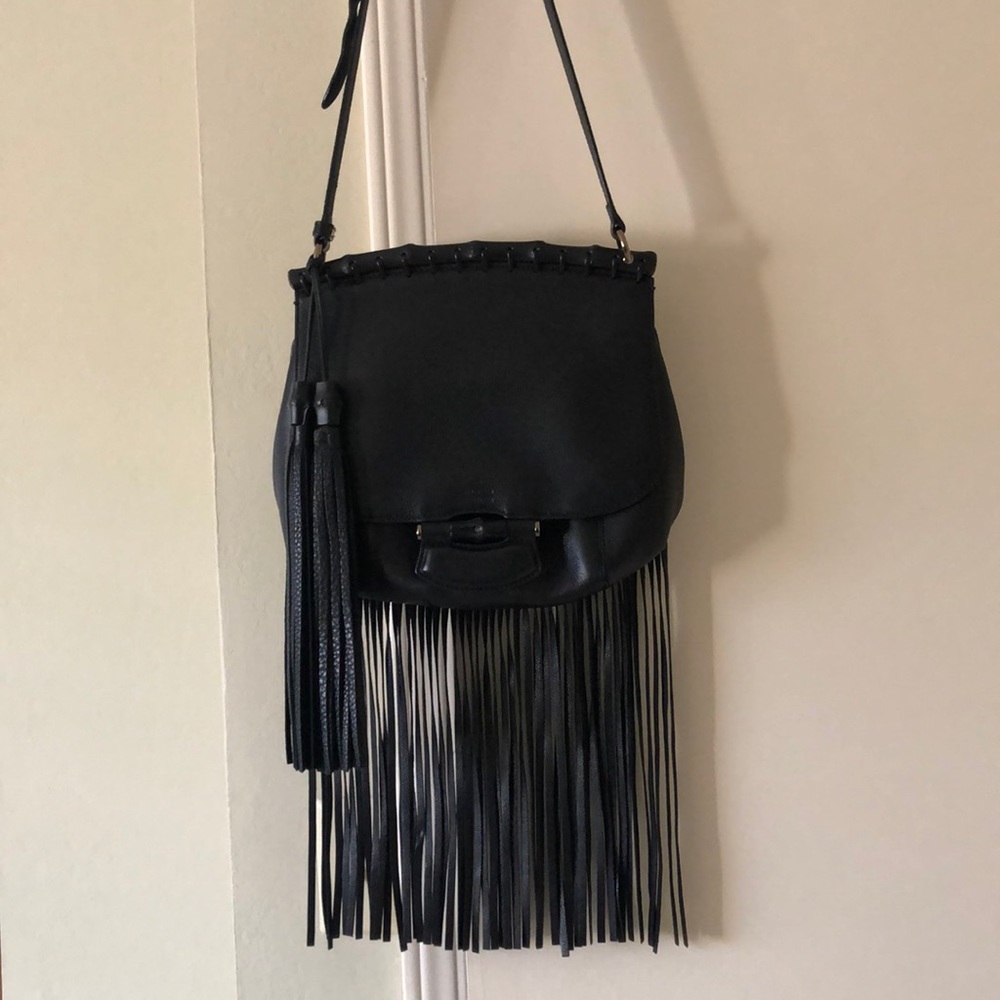 Authentic Gucci Black Fringe Bamboo Shoulder Bag